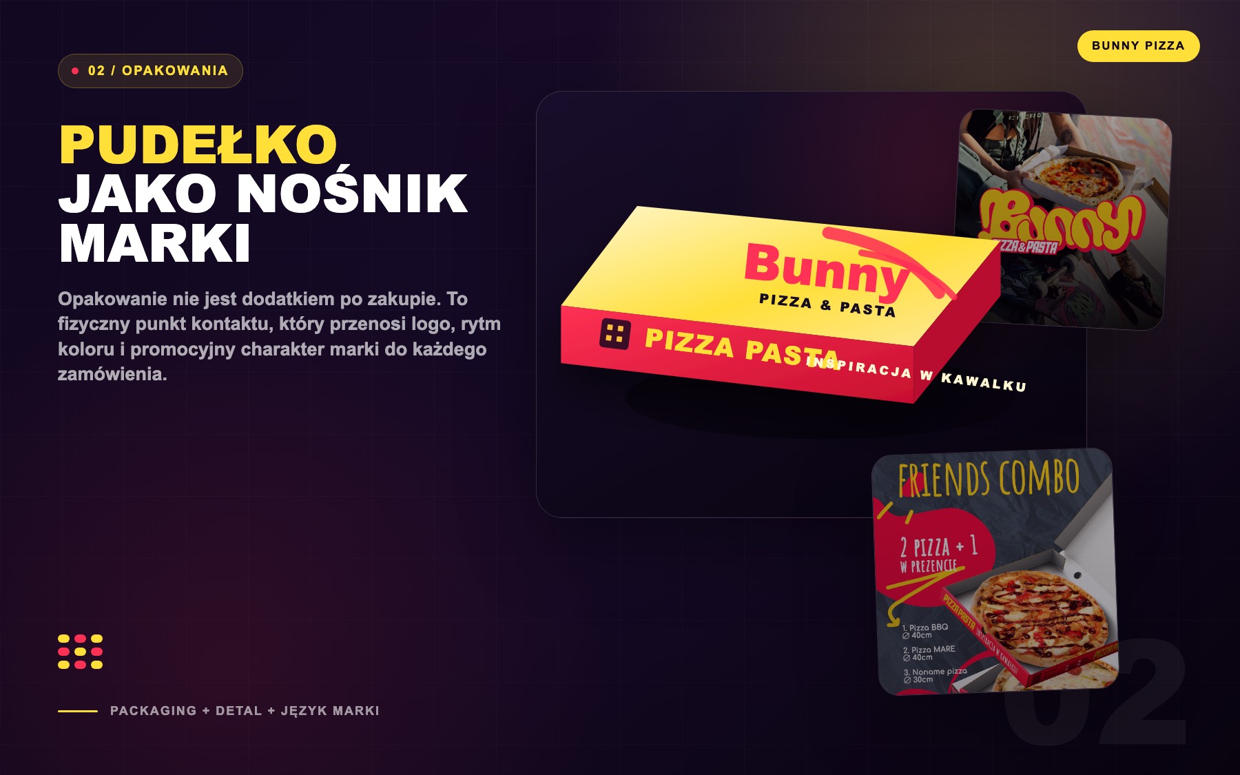 Bunny Pizza packaging system dark editorial composition