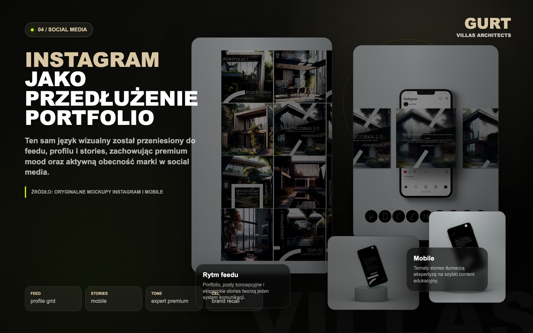 Gurt Villas Architects social media system with Instagram feed and story mockups