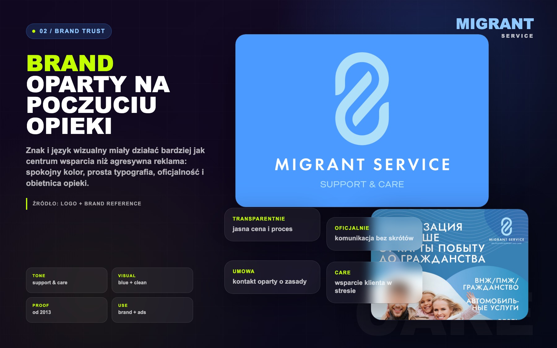 Migrant Service brand trust board with original logo and trust messaging