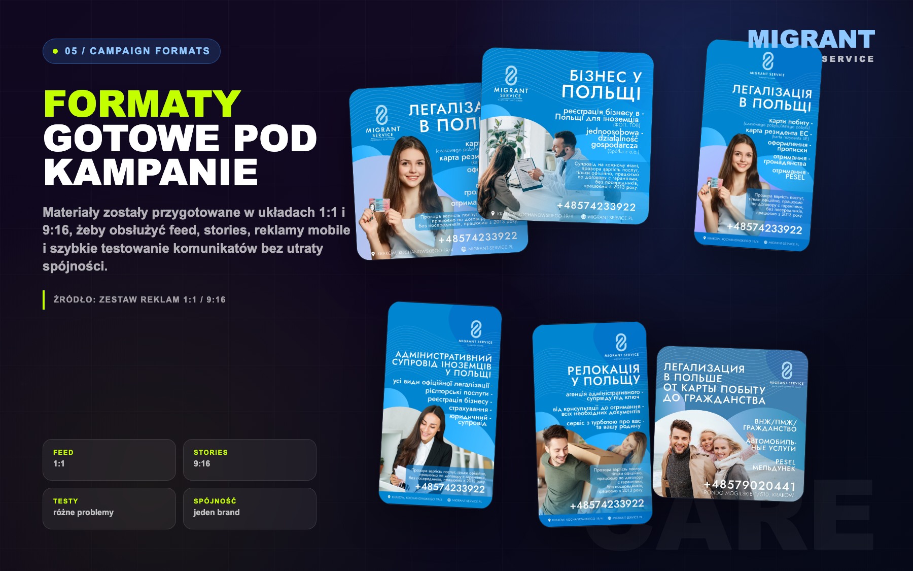Migrant Service campaign format system with original square and vertical ads
