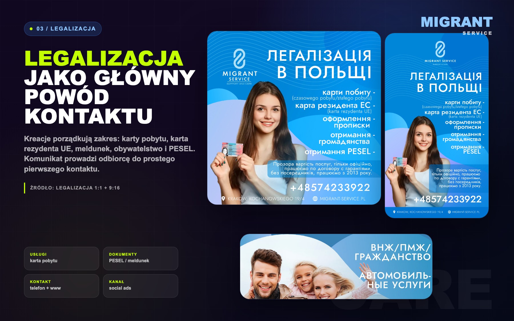 Migrant Service legalisation campaign board with original square and story ad formats