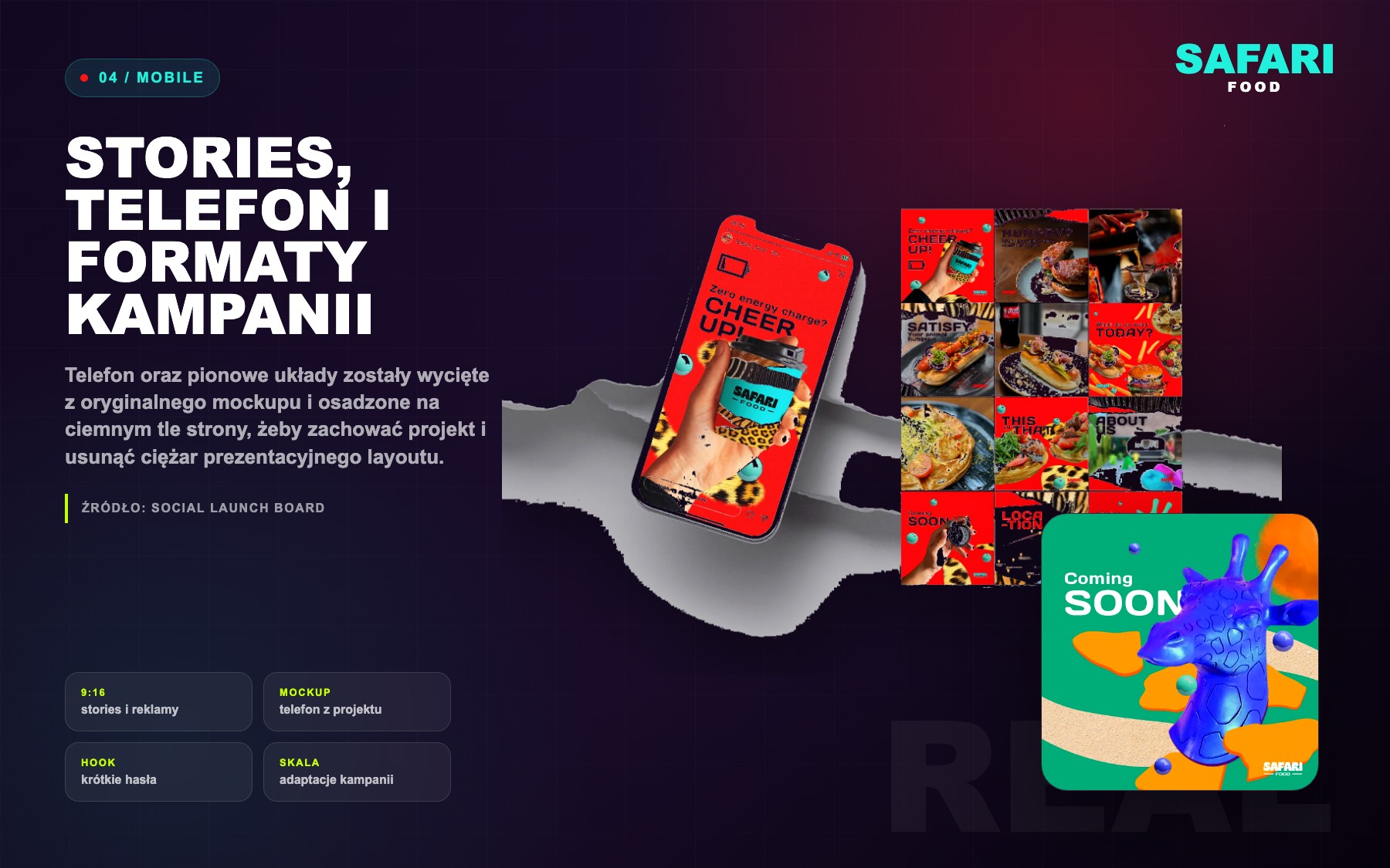 Safari Food stories and vertical advertising formats in dark Strategnomia case style