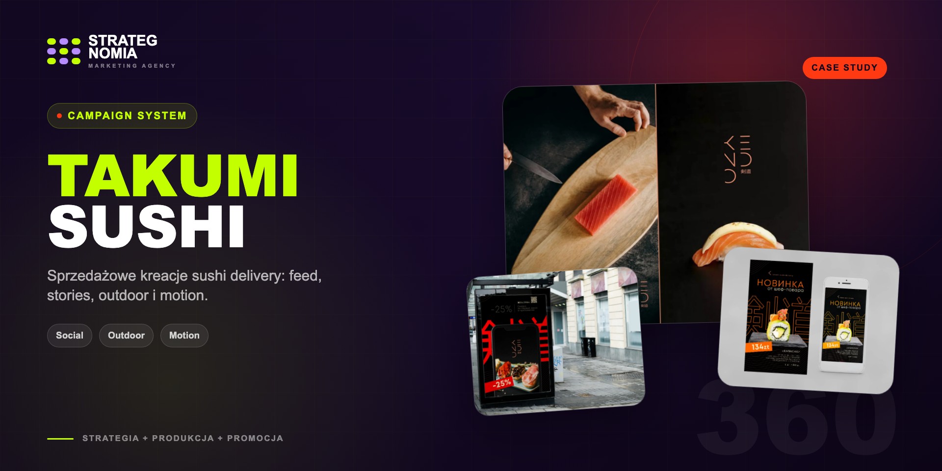 Strategnomia hero composition for Takumi Sushi Delivery social, outdoor and motion formats